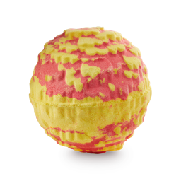 Cempasúchil. A round, textured bath bomb with bright yellow and red swirls representing a traditional Mexican Marigold flower 