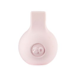 Champers. A delicate, pale, pastel-pink bath bomb in the loose shape of a bottle with a wide, spherical base and thick neck. The number "30" has been embossed on the front. 