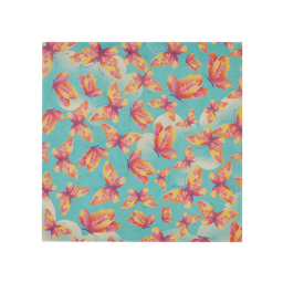 Under The Spring Sky. A square sheet of Lokta gift wrapping paper. The design is a pretty, pale blue sky with delicate clouds covered in dozens of elegant pink, orange and yellow butterflies. 
