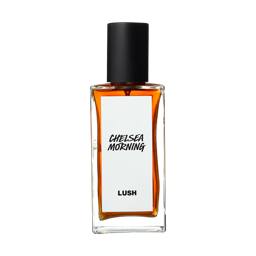 Chelsea Morning. A rectangular, glass perfume bottle with a black cap is filled with amber liquid. A white label reads 'Chelsea Morning'.