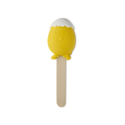Chick on a Stick. A thin, wooden stick. Attached on top is a fun bubble bar in the shape of a round, yellow Easter chick with a broken piece of eggshell stuck on its head.