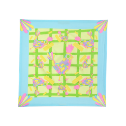 Chicnic. A square, fabric, knot wrap. The border is pale blue with pastel yellow pink and blue decoration in each corner. The centre is a pastel yellow with a green cross-hatch pattern and multiple pastel-coloured chicken illustrations.