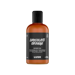 A clear bottle filled with rich, reddish-orange Lush Chocolate Orange shower gel, topped with a black cap and featuring a black label
