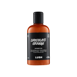 A clear bottle filled with rich, reddish-orange Lush Chocolate Orange shower gel, topped with a black cap and featuring a black label