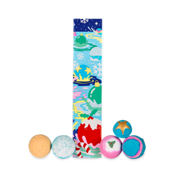 Christmas Balls of Bicarb. A tall, slim, rectangular gift box designed with baubles and bath bombs in cool blue and green tones. There are 5 Lush Christmas-themed bath bombs sitting at the base of the box. 