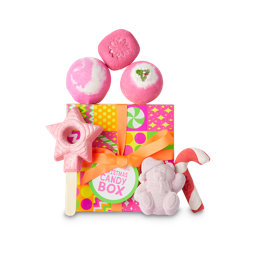 Christmas Candy Box. A Vibrant, wrapped gift box with six Christmas-themed products around the edge.
