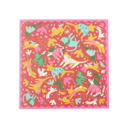 Christmas Companions. A square sheet of Lokta wrapping paper. It features a pink, scalloped border, red background and illustrations of colourful dogs, cats, rabbits and birds with snowflakes, Santa hats and fairy lights. 