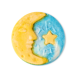 Christmas Eve Bubble bar. A round bubble bar with a yellow, faced crescent moon, and a marbled light blue and white sky. A yellow star and smaller constellations are embossed on the sky, dusted in a silver lustre.