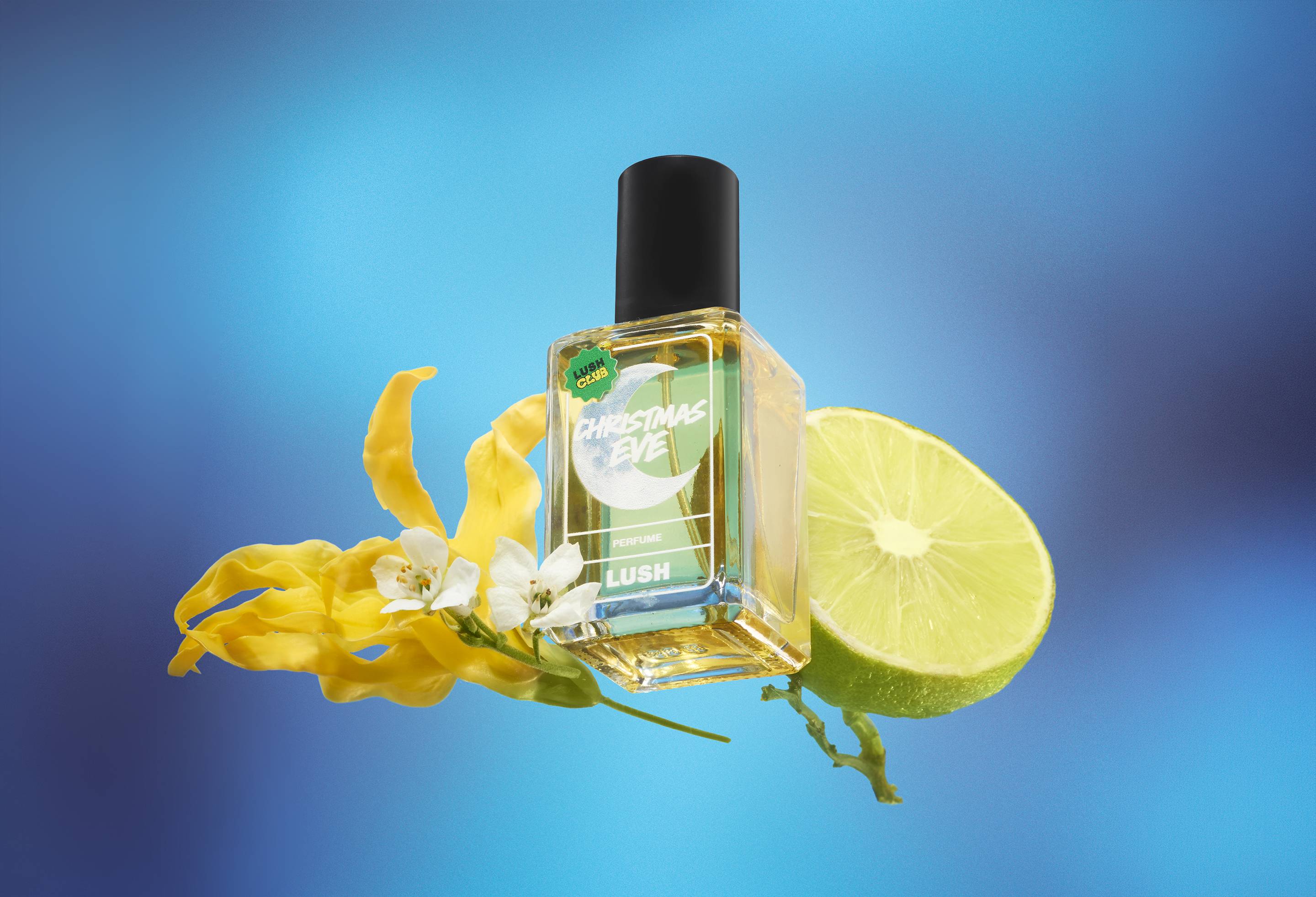 A bottle of Lush Christmas Eve perfume floating alongside a fresh lime slice, yellow ylang-ylang petals, and small white jasmine flowers against a gradient blue background.   