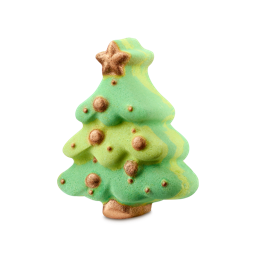 Christmas Tree. A Christmas tree-shaped bath bomb. The textured body is mint green and pale yellow, decorated with shimmering bronze baubles, a bronze star on top, and a bronze trunk at the base.