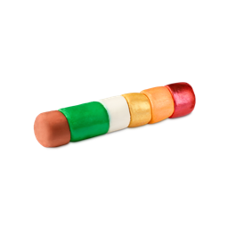 Christmas Wreath FUN. Its long, cylindrical shape is composed of six distinct Play-Doh-textured sections of different Christmas-themed colours such as red, gold and green. Shimmering lustre covers some of the product.