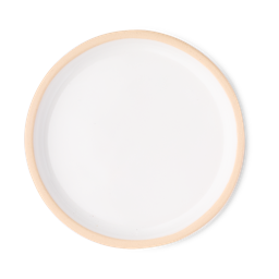 The image shows a perfectly circular ceramic dish. The dish is a pure, bright white colour with a slightly raised beige edging. 