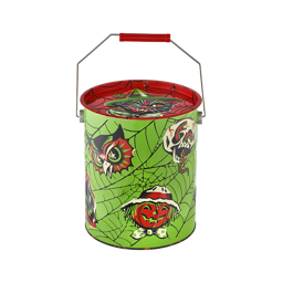 A cylindrical metal tin with a metal handle and red plastic grip. The lime green tin is decorated with vintage-style Halloween motifs of an owl, a skull, and a pumpkin over a black cobweb pattern.