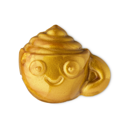 Coffee Morning. A golden shimmering shower jelly. The product is shaped like a mug of coffee complete with whipped cream on top and a smiling face on the side.