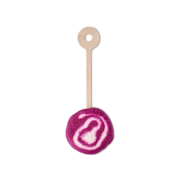 Comforter mini bubble wand with a round magenta and white swirled base on a white background. It features a light wooden handle with a circular loop at the top.