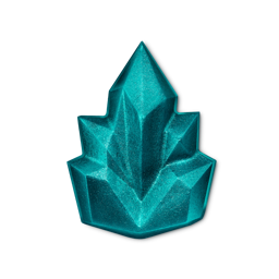 Cooling shower gummy. A shimmering teal-blue shower gummy is sculpted into a faceted, geometric crystal cluster shape. The angular structure has sharp lines and a glittering finish that catches the light.