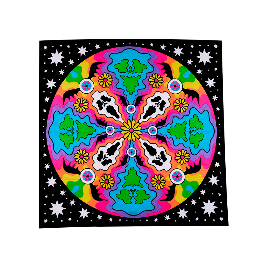 Cosmic Gathering. The image shows a square, multicoloured fabric wrap with a psychedelic design. A central flower is surrounded by a ring of skulls, bats, and flowers, against a black background with white stars.