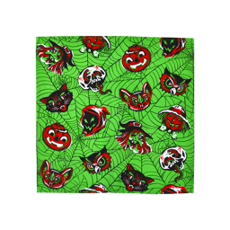 Creep It Real, Comrades. A square fabric wrap featuring a bright lime green cobweb pattern. It is decorated with a repeating vintage-style Halloween motif of red, black, and white pumpkins, witches, bats, owls, skulls, and black cats.