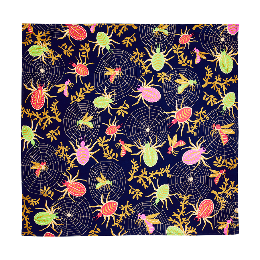 Creepy Crawlies knot wrap. Patterned with scattered spider webs, brightly coloured bugs and small branches on a dark base.