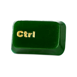 CTRL. A rectangular, dark green, translucent Lush shower gummy shaped like a computer keyboard key, stamped with the letters "Ctrl" in metallic gold lettering.