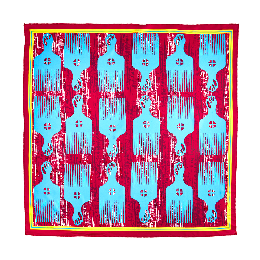 Curly Coily knot wrap. A square knot wrap with a rough, red colour base. There is a yellow border with a uniform pattern of blue, wide-tooth afro-combs printed across. 