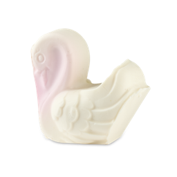 Cygnet Ring - single swan. A white soap shaped like a single swan with pink details on its face. The swan is shown in profile with an elegantly curved neck and textured wing flared out.