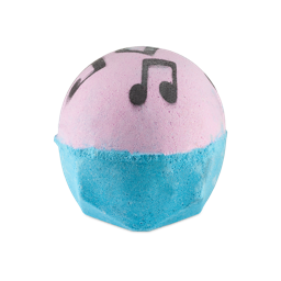 Dad Dancing. A round, two-toned bath bomb. The top half is pale pink and stencilled with black musical notes, while the bottom half is a vibrant, textured sky blue.