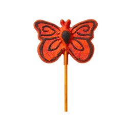 Damas Del Sol. A colourful, reusable bubble bar composed of a thin, wooden handle stick with a large, bright orange butterfly-shaped bubble bar on top. The butterfly has black edges and detailing. 