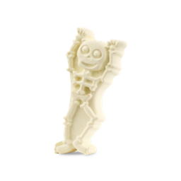 Dancing Skeleton. A playful, cream-coloured bath bomb shaped like a dancing skeleton with arms stretched upwards and a smiling skull face. There are tiny flecks of colour throughout the product.