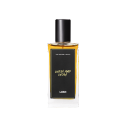 A glass perfume bottle filled with dark amber liquid. A black label reads 'The Perfume Library' and 'Death and Decay'.