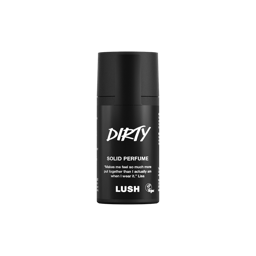 Dirty. A short, cylindrical black push-up tube of the Dirty solid perfume with a black label on the front covering the cap, with the product name and scent printed on it. 