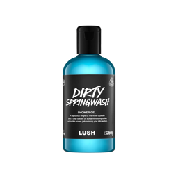 A clear bottle filled with icy blue Lush Dirty Springwash shower gel, topped with a black cap and featuring a black label