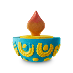 Diya. This bath bomb/melt resembles a lit Diya candle with a blue, hollowed-out half-sphere-shaped base, a bright yellow centre circle in the hollow and a solid oil flame.