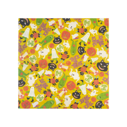 Do The Monster Mash. A square, fabric Lokta wrap. It has a yellow background and fun illustrations of pumpkins, ghosts, trick-or-treating creatures and the words "Trick Or Treat" printed across the wrap. 