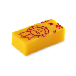 Doodle Dad. A thick, rectangular soap slice. It is a rich, yellow colour. The top is embossed with a hand-drawn design of a rosette medal outlined in red with the text "#1 Dad" and other doodles on top.