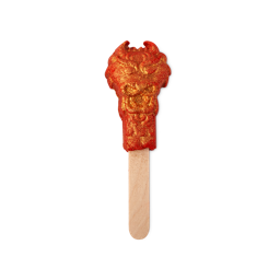 Dragon Legend. A colourful, reusable bubble bar comprised of a wooden handle topped with a red and gold shimmer bubble bar in the shape of the neck and face of a traditional dragon.