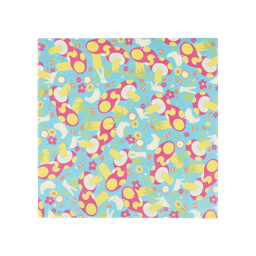 Easter Mushrooms. A square sheet of wrapping paper. It has a pale blue background with patterns of pastel-coloured mushrooms with birds, flowers and bunnies. 