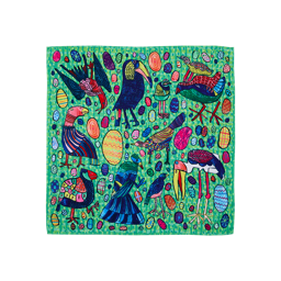 Eggs For The Exotic Birds. A square fabric knot wrap featuring an intricate, hand-drawn illustration of various exotic birds and decorated eggs. The birds, including a toucan and a stork, feature bold patterns and colour.																						