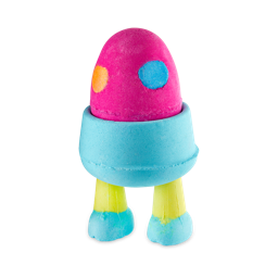 Eggs on Legs. A fun, three-part bath bomb consisting of a pink, spotty removable egg sat inside a blue egg cup with detachable yellow legs. 
