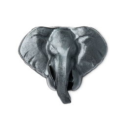 Elephant Jelly. A fun, gelatinous, Lush shower jelly in the shape of an elephant's face, complete with large ears, long trunk and tusks, in a metallic silver colour. 