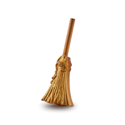 Elphaba's Broomstick. A brown, wooden stick with flecks of gold glitter. Attached to the bottom is a bubble bar shaped like the end of a broomstick imitating the tied bristles. It is entirely coated in thick, shimmering, gold glitter.