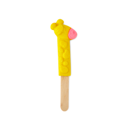 Elsie The Giraffe. A colourful, bright yellow bubble bar in the shape of a giraffe's neck and head. There are embossed spots and a pink mouth. The bubble bar is attached to the top of a wooden stick. 
