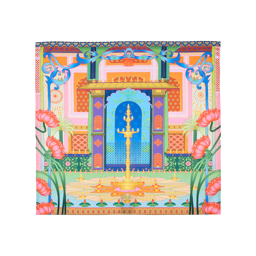 Embers of Joy. A square, fabric, Diwali-themed knot wrap. There is an ornate design depicting a colourful alter surrounded by Lotus flowers, small candles and intricate details. 