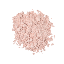 An overhead close-up view of a small pile of pale pink, finely milled powder that appears slightly chunky and matte, centered on a light grey background. The product is Emotional Brilliance ~ Finishing Powder.