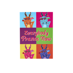 A pop-art style Lush postcard divided into six colour blocks with star-eyed reindeer and the text "Everybody Prance Now" across the two middle blocks.