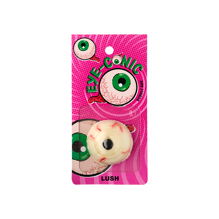 Eye-Conic. A novelty, mini bubble bar shaped like a round eyeball, complete with a black pupil and red veins. The packaging is a vibrant pink with illustrations of eyeballs. The text reads "Eye-Conic bubble bar".