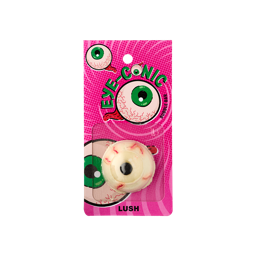 Eye-Conic. A novelty, mini bubble bar shaped like a round eyeball, complete with a black pupil and red veins. The packaging is a vibrant pink with illustrations of eyeballs. The text reads "Eye-Conic bubble bar".