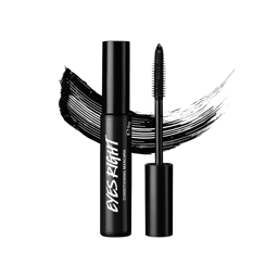 A vertical shot of an open black tube of Eyes Right ~ Mascara with the wand standing next to it, showing the black bristles. A thick black mascara streak is behind the product, all set against a light grey background.