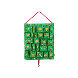 A green fabric, reusable Lush Advent calendar hanging by a red cord, featuring numbered festive pockets with colourful illustrations across twenty-five days