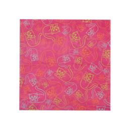 Fancy Cats. A square piece of Lokta wrapping paper. It is a deep pink colour with a pattern of multiple outlines of a laying down cat in yellow, orange and blue. 